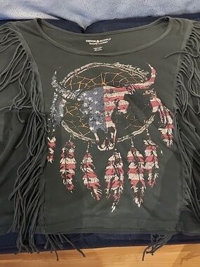 Denim & Supply Ralph Lauren Grey Fringe Tee with Flag Skull Graphic